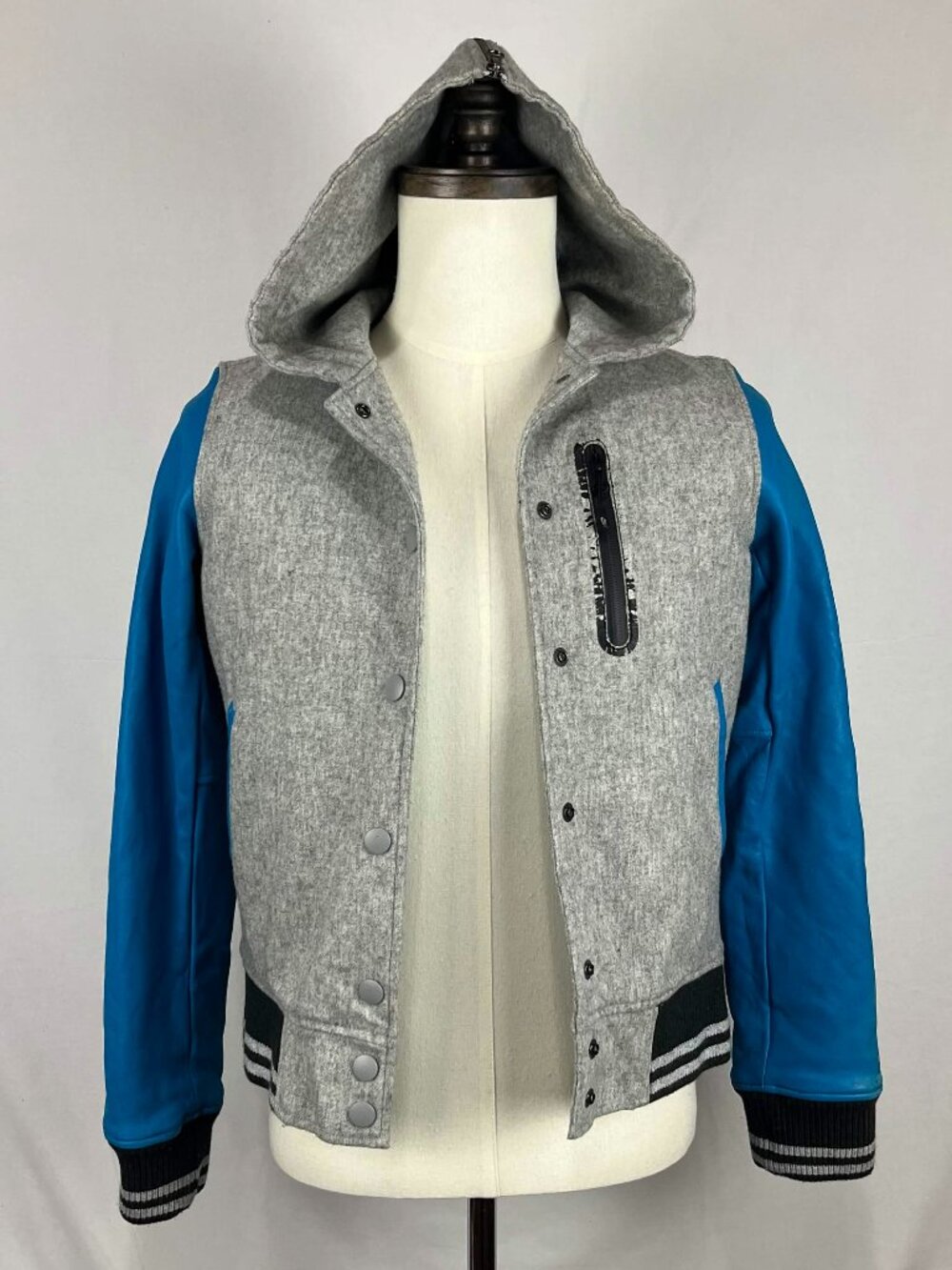 Nike NSW Womens Destroyer Varsity Jacket Wool Lamb Leather Blue Grey Hood Size S